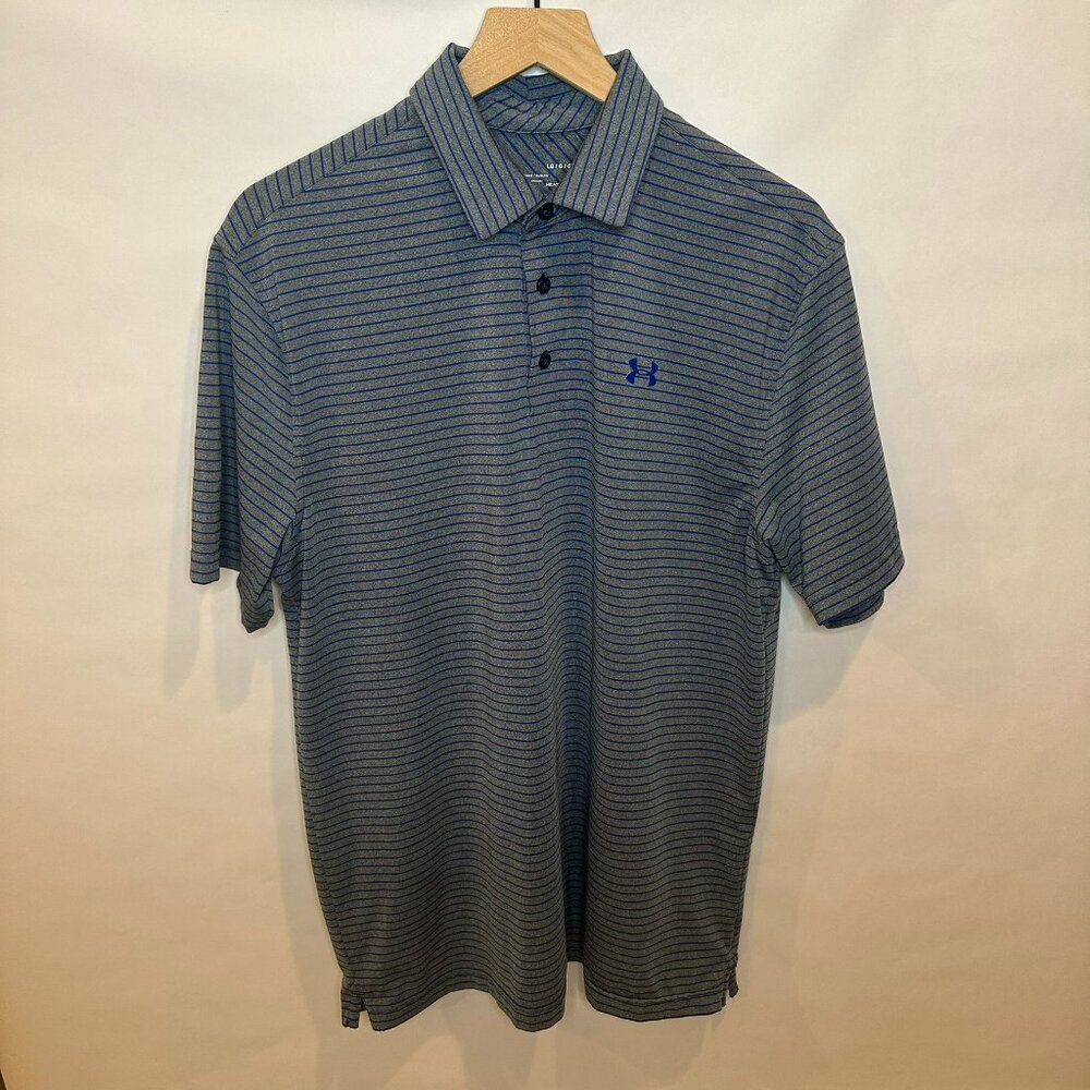 Under Armour loose fit golf performance polo L dark gray royal blue stripes